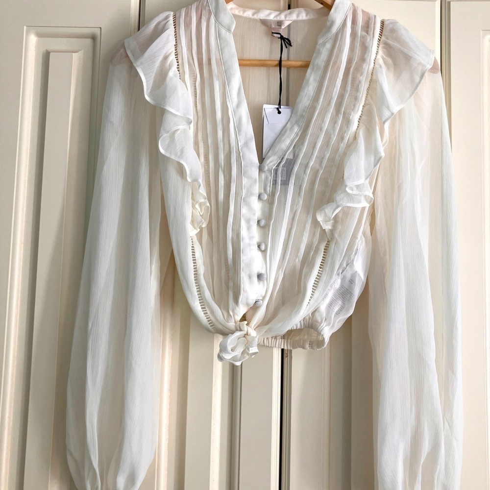 Guess Cream Sheer Ruffled Tie-Front Blouse